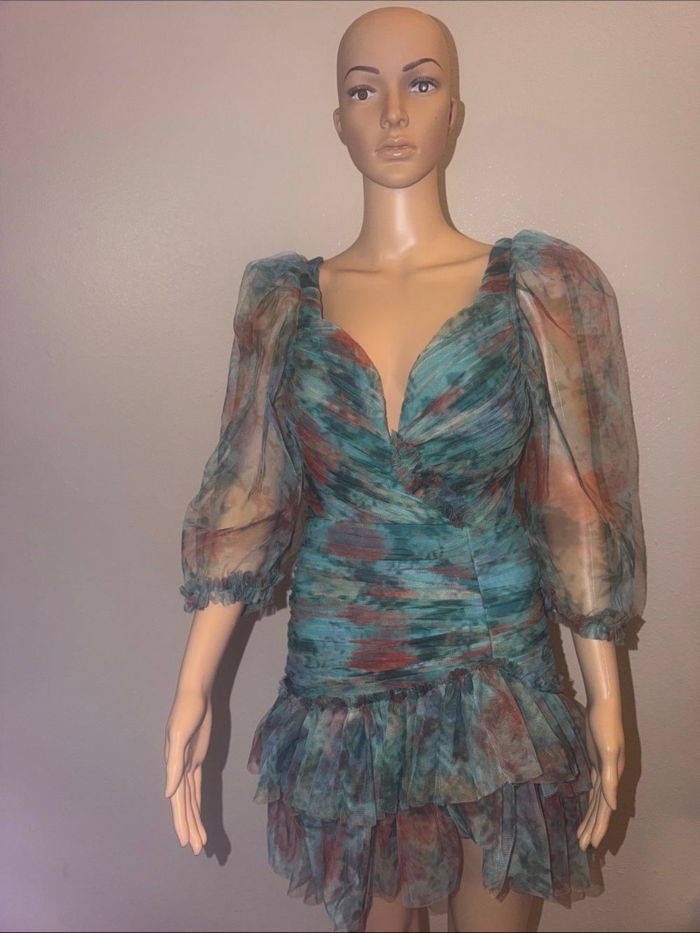 Sheer Teal Floral Ruched V-Neck Women’s Top